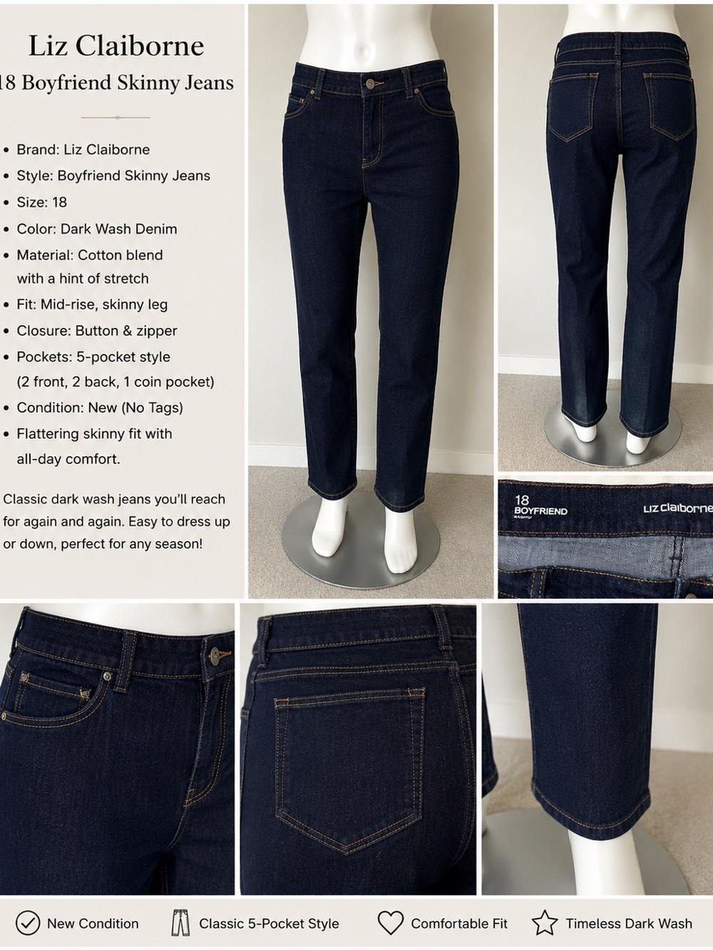 Liz Claiborne Dark Wash Boyfriend Skinny Jeans - Dark Blue